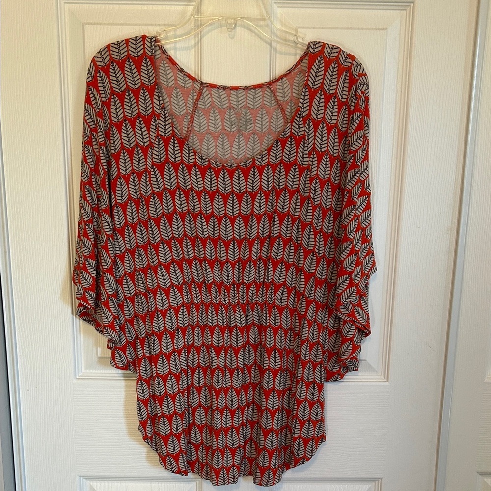 MOSSIMO Orange & Tan Feather Print Gathered Tunic Raglan Sleeves Women's Large